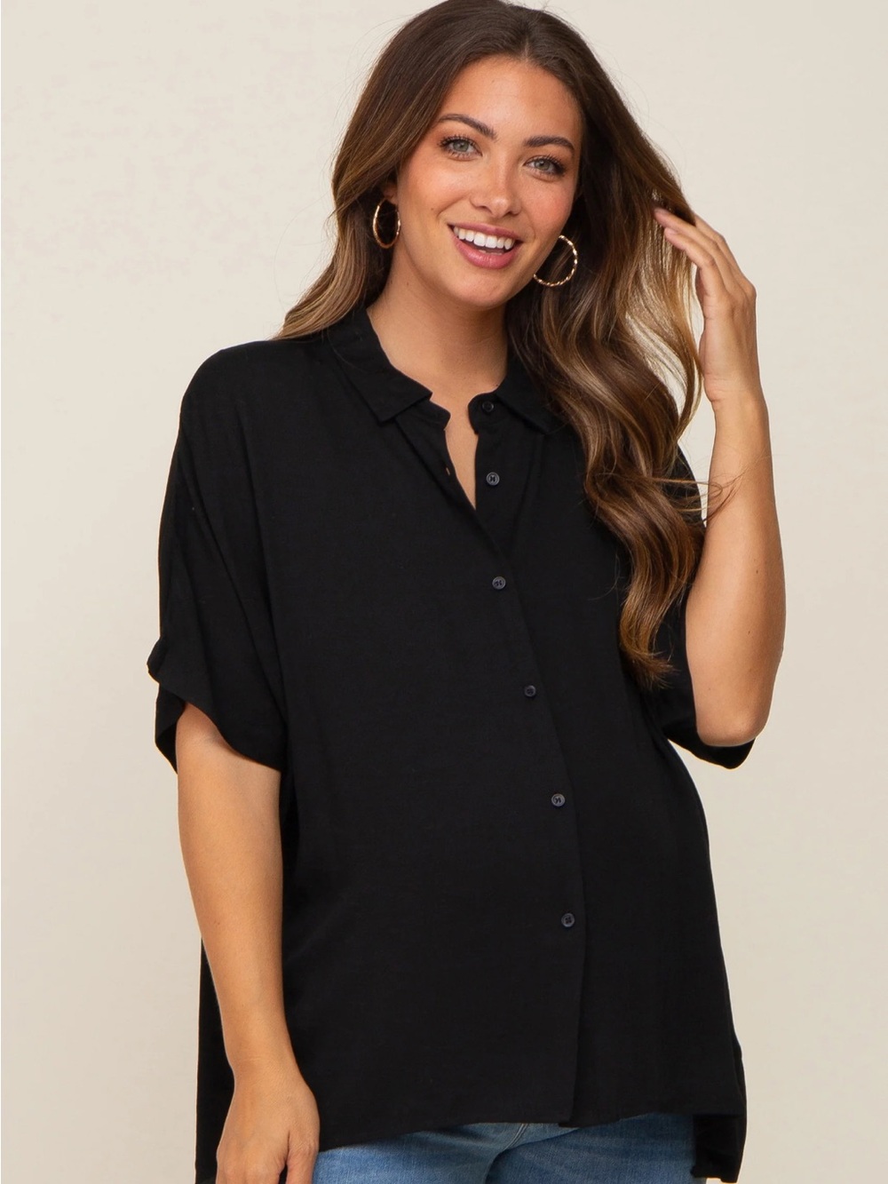 PinkBlush Black Button-Front Short Sleeve Maternity Blouse